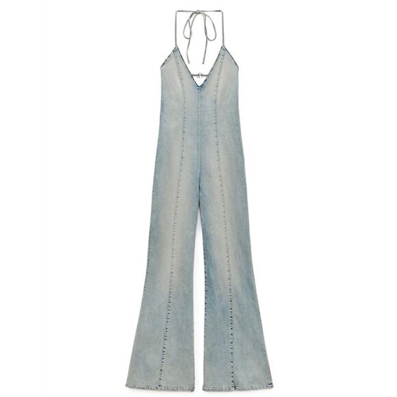 Zara Barbie Denim Jumpsuit | Light Wash Flared Leg Halter | Y2k Cowgirl | Small - Picture 1 of 8